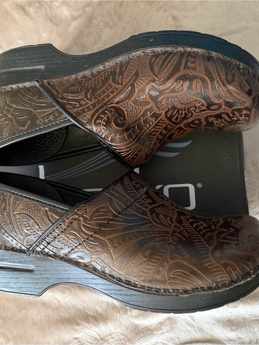 Dansko Brown Embossed LeatherWomen’s Slip-On Clogs - Picture 2 of 10